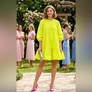 LDT Rachel Ruffle Dress in Neon Yellow Dropped Waist Retro 80’s Colorful Formal